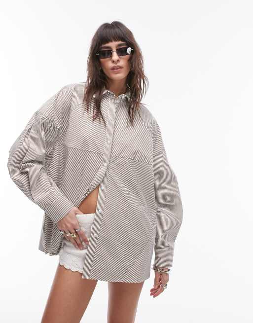 Topshop extreme paneled cotton striped shirt in olive stripe 