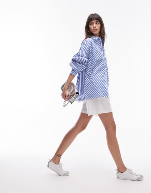 Topshop extreme panelled cotton stripe shirt in wide blue stripe , 3 of 4