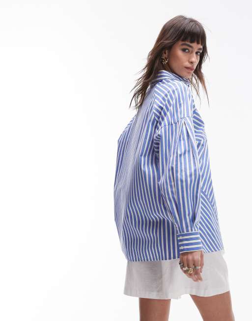 Topshop extreme panelled cotton stripe shirt in wide blue stripe , 4 of 4