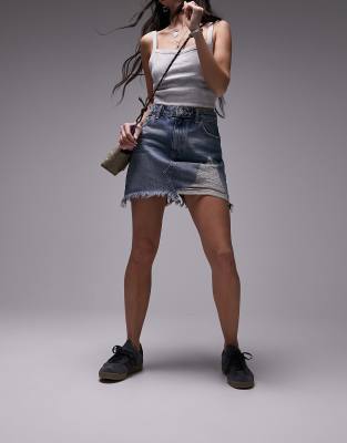 extreme rip high waist denim skirt in mid blue