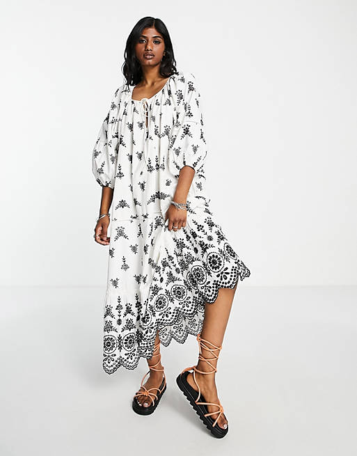 Topshop eyelet chuck on midi dress with contrast black stitch in ivory