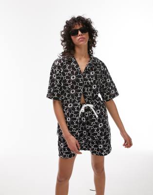 Topshop Eyelet Oversized Flower Shirt In Monochrome - Part Of A Set-black