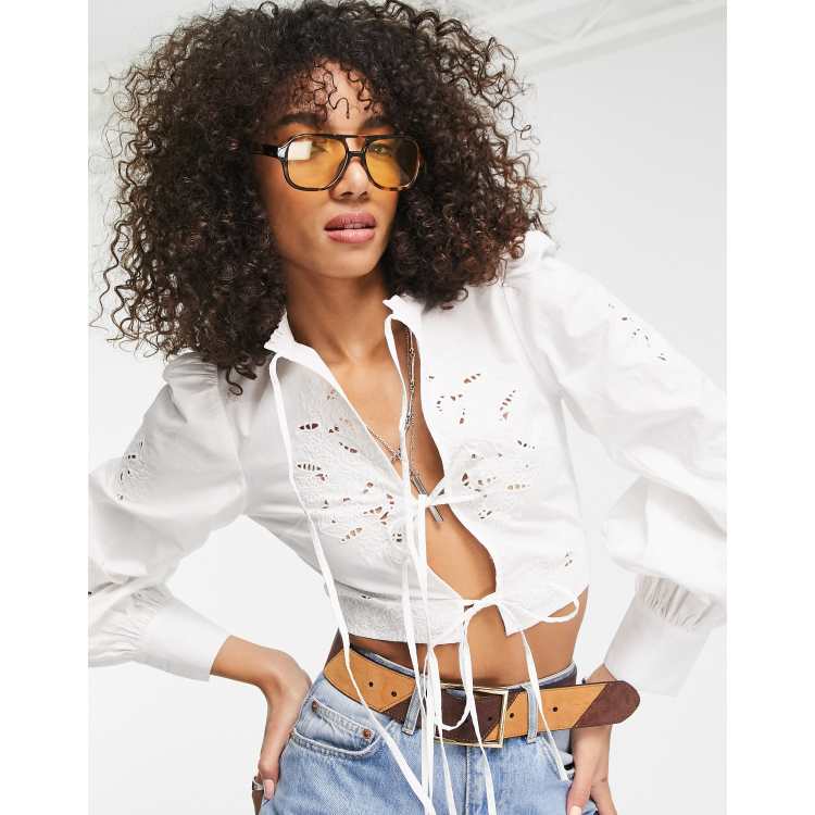 Topshop eyelet tie front blouse in white | ASOS