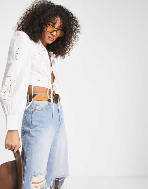 Topshop eyelet tie front blouse in white | ASOS
