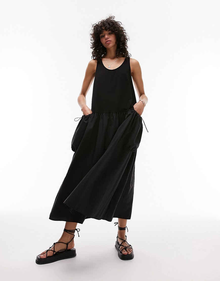 Topshop fabric mix oversized midi pinny dress in black