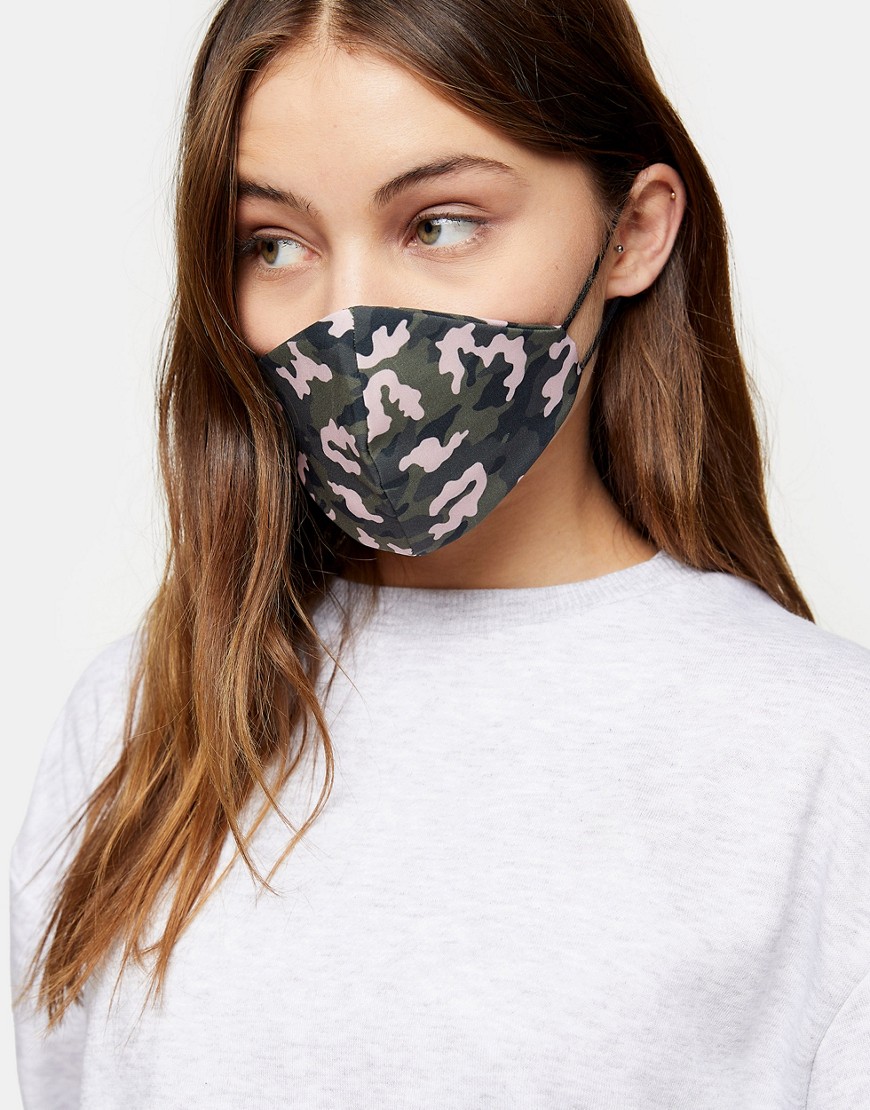 Topshop Face Covering In Green Camo Print