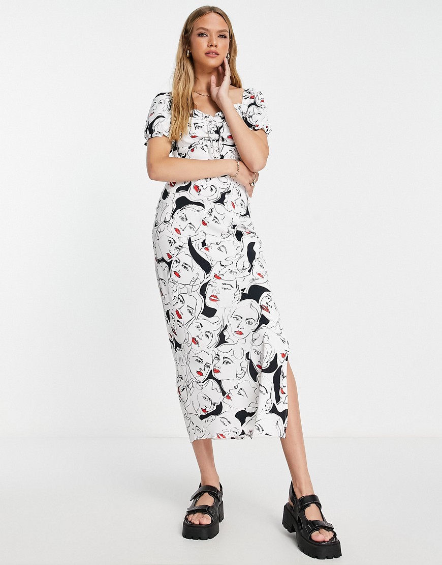 Topshop face print ruched midi dress in multi