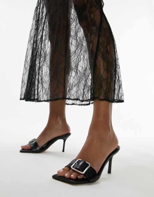 Topshop – Fae – Mules in Schwarz mit Absatz und Schnallendetail
