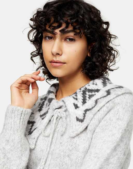 Topshop fairisle collar knitted cardigan in grey