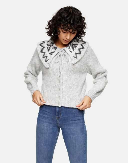 Topshop fairisle collar knitted cardigan in grey, 4 of 4