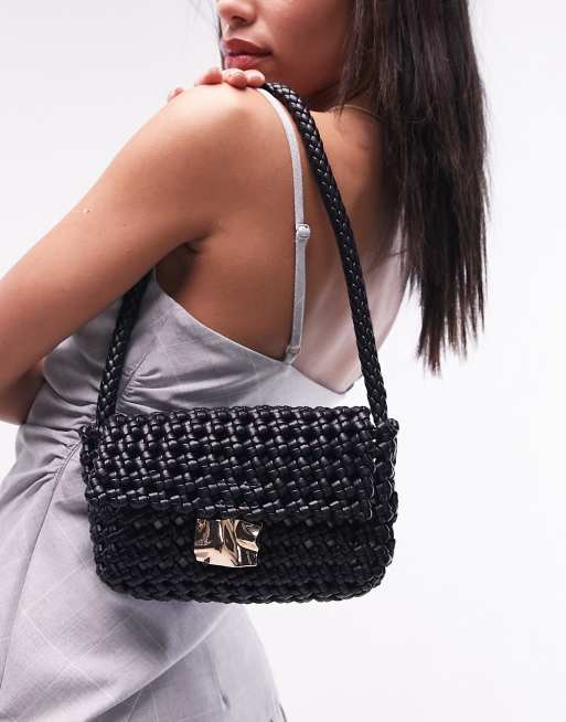 Topshop - Faith - Sac porté épaule en maille au crochet avec finition  métallique - Noir