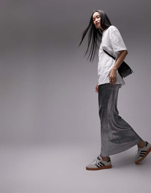 Topshop – Fakturowana spódnica maxi w srebrnym metalicznym kolorze 