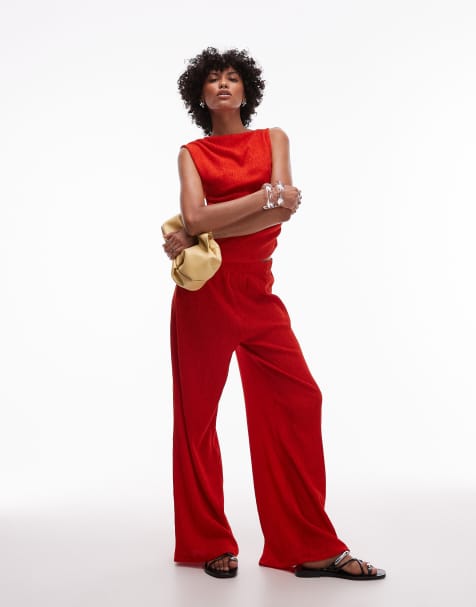 Topshop – Fakturowane czerwone spodnie z szerokimi nogawkami - view 1