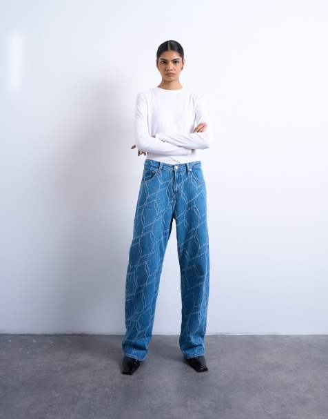 Topshop – Fakturowane kolumnowe jeansy z efektem wybielenia - view 1