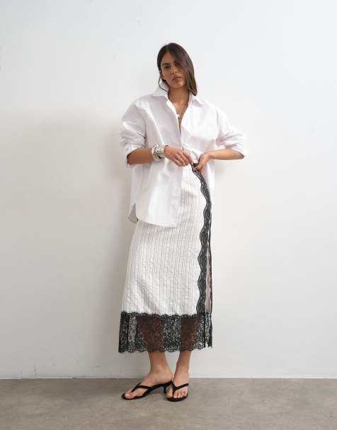 Topshop - Falda larga blanca a rayas de corte recto con panel de encaje - view 1