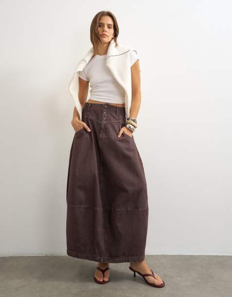 Topshop - falda maxi barrel con botones delanteros en chocolate - view 1