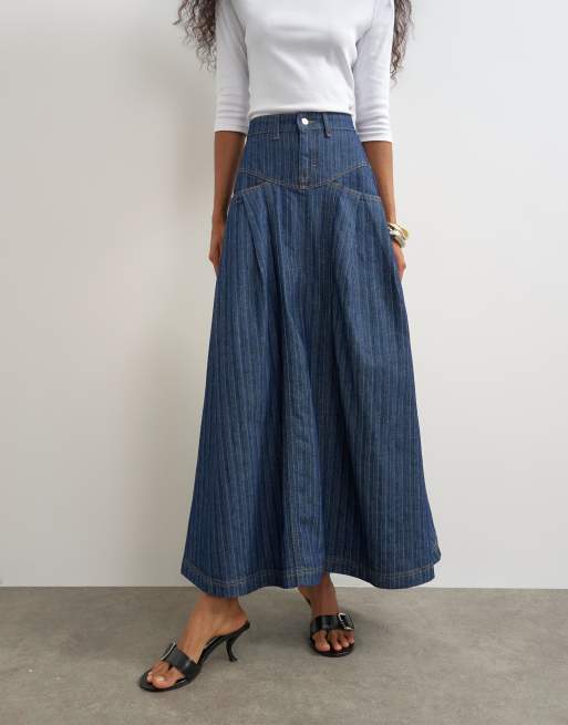 Topshop - falda maxi plisada con canesú a rayas índigo, 5 de 5