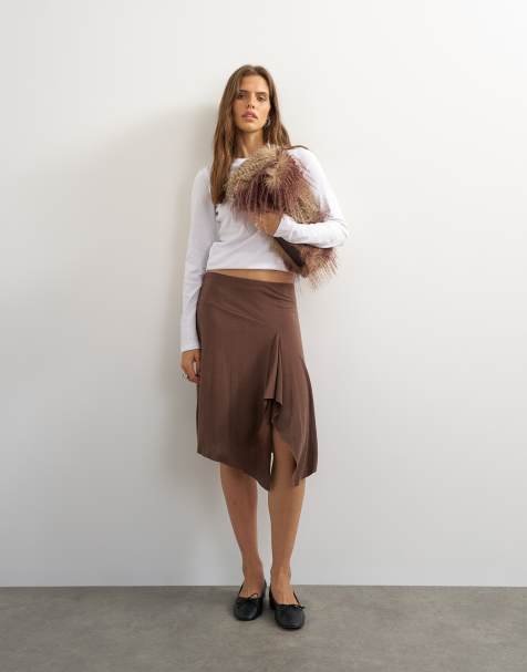 Topshop - Falda midi asimétrica de cupro suave en chocolate - view 1