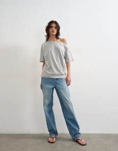 Model wearing Fallen shoulder t-shirt in grey marl