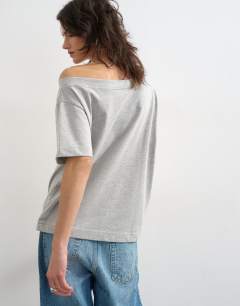 Model wearing Fallen shoulder t-shirt in grey marl