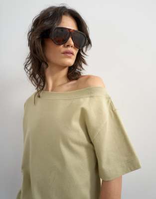 Topshop Fallen Shoulder T-shirt In Green