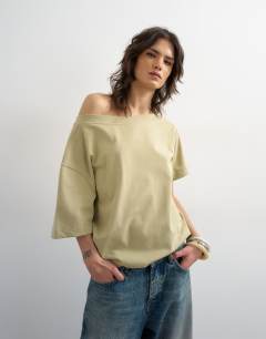 Model wearing Fallen shoulder t-shirt in khaki