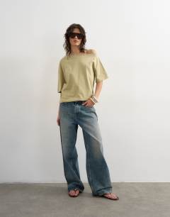 Model wearing Fallen shoulder t-shirt in khaki