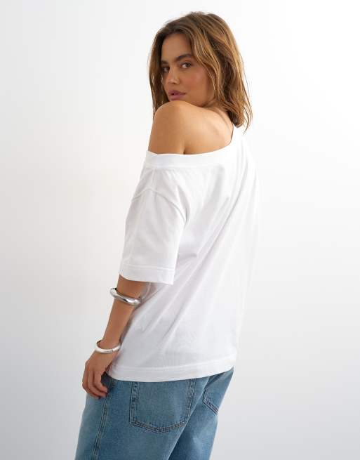 Topshop fallen shoulder T-shirt in white, 4 of 4