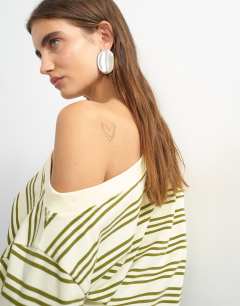 Model wearing Fallen shoulder t-shirt in yellow stripe