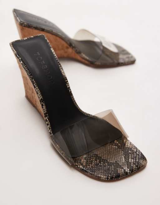 Topshop Farah high wedge heeled acrylic mules in snake, 2 of 4