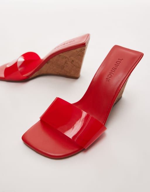 Topshop Farah high wedge heeled mule in red, 2 of 4