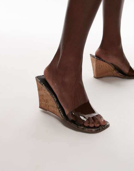 Topshop Farah high wedge heeled perspex mules in snake