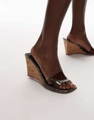 Topshop - Farah - Mules mit hohem Keilabsatz, Plexiglas-Riemen und Schlangenmuster-Bunt