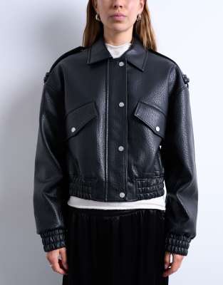 Topshop Faux Bubble Leather 80s Bomber Jacket In Black