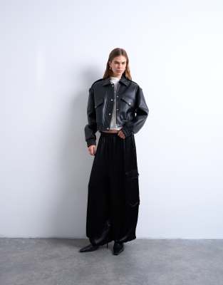 Topshop Faux Bubble Leather 80s Bomber Jacket In Black