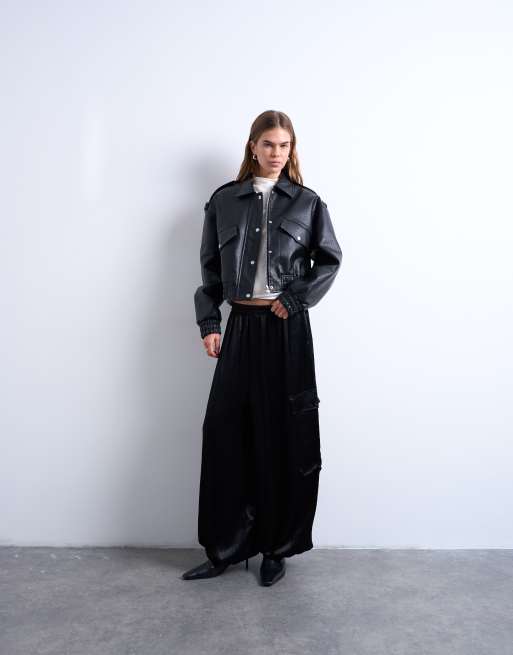 Topshop faux bubble leather 80s bomber jacket in black, 2 of 4
