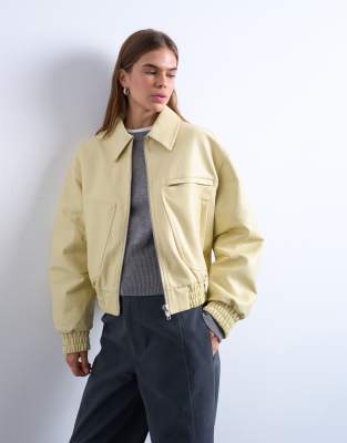 Topshop Faux Bubble Leather Cropped Bomber Jacket In Yellow