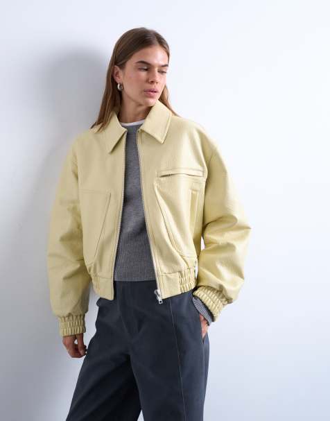 Topshop faux bubble leather cropped bomber jacket in buttermilk - view 1
