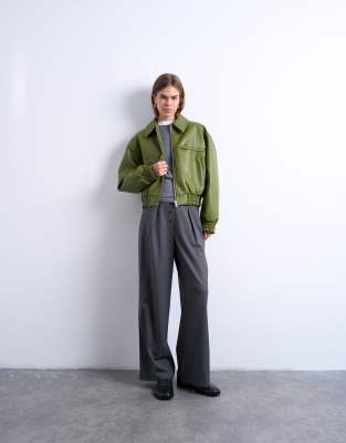 Topshop Faux Bubble Leather Cropped Bomber Jacket In Green