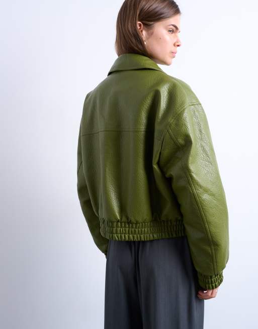 Topshop faux bubble leather cropped bomber jacket in green