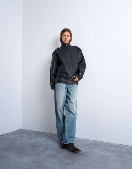 Topshop faux bubble leather short belted bomber jacket in black