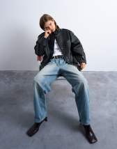 Topshop zip up cropped jacket in charcoal