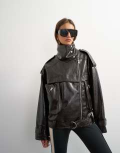 Faux croc leather fold funnel biker in chocolate