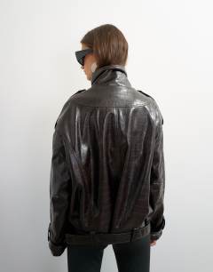 Model wearing Faux croc leather fold funnel biker in chocolate