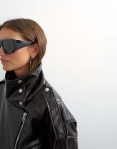 Model wearing Faux croc leather fold funnel biker in chocolate