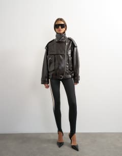 Model wearing Faux croc leather fold funnel biker in chocolate