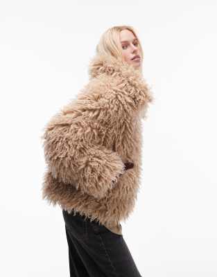 faux curly fur bomber jacket in light brown