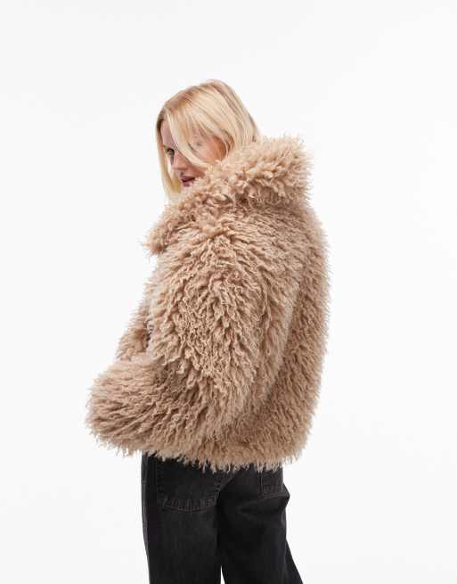 Topshop faux curly fur bomber jacket in light brown