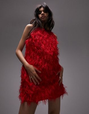 Topshop Faux Feather Mini Dress In Red