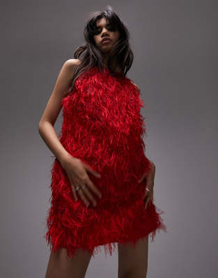 Topshop faux feather mini dress in red - ASOS Price Checker